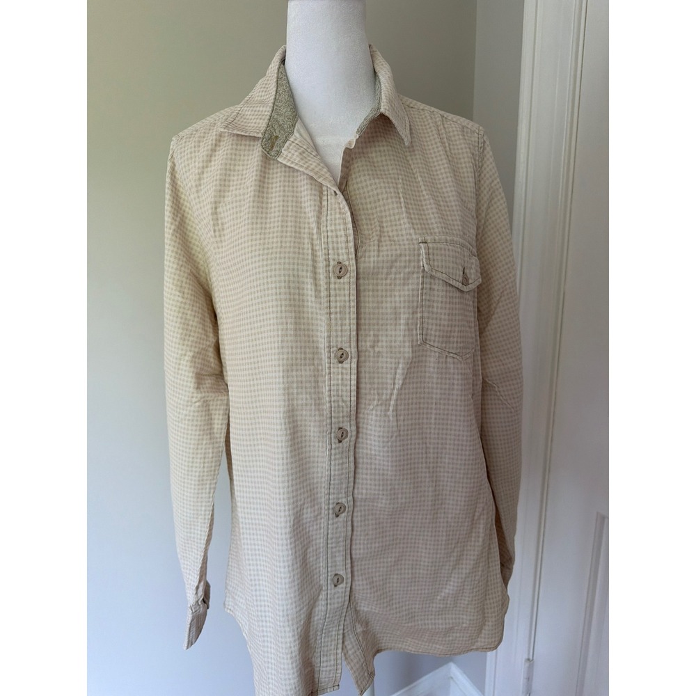 Woolrich Womens Beige Gingham Corduroy Button Down Shirt Size M Outdoor Classic